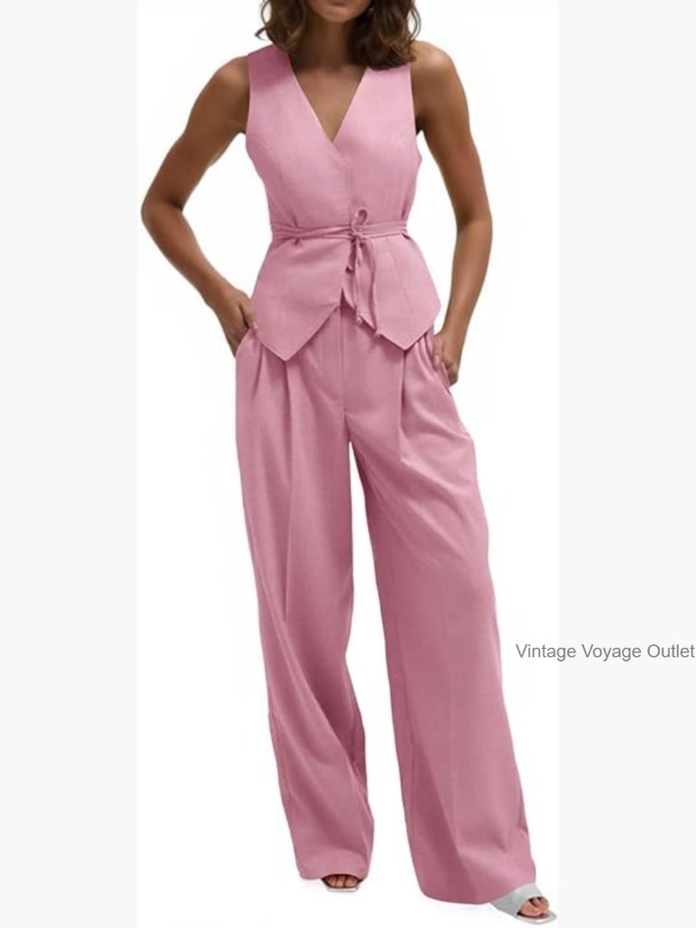 V-Neck Tie Waist Blazer Vest & Wide Leg Pants Suit Set